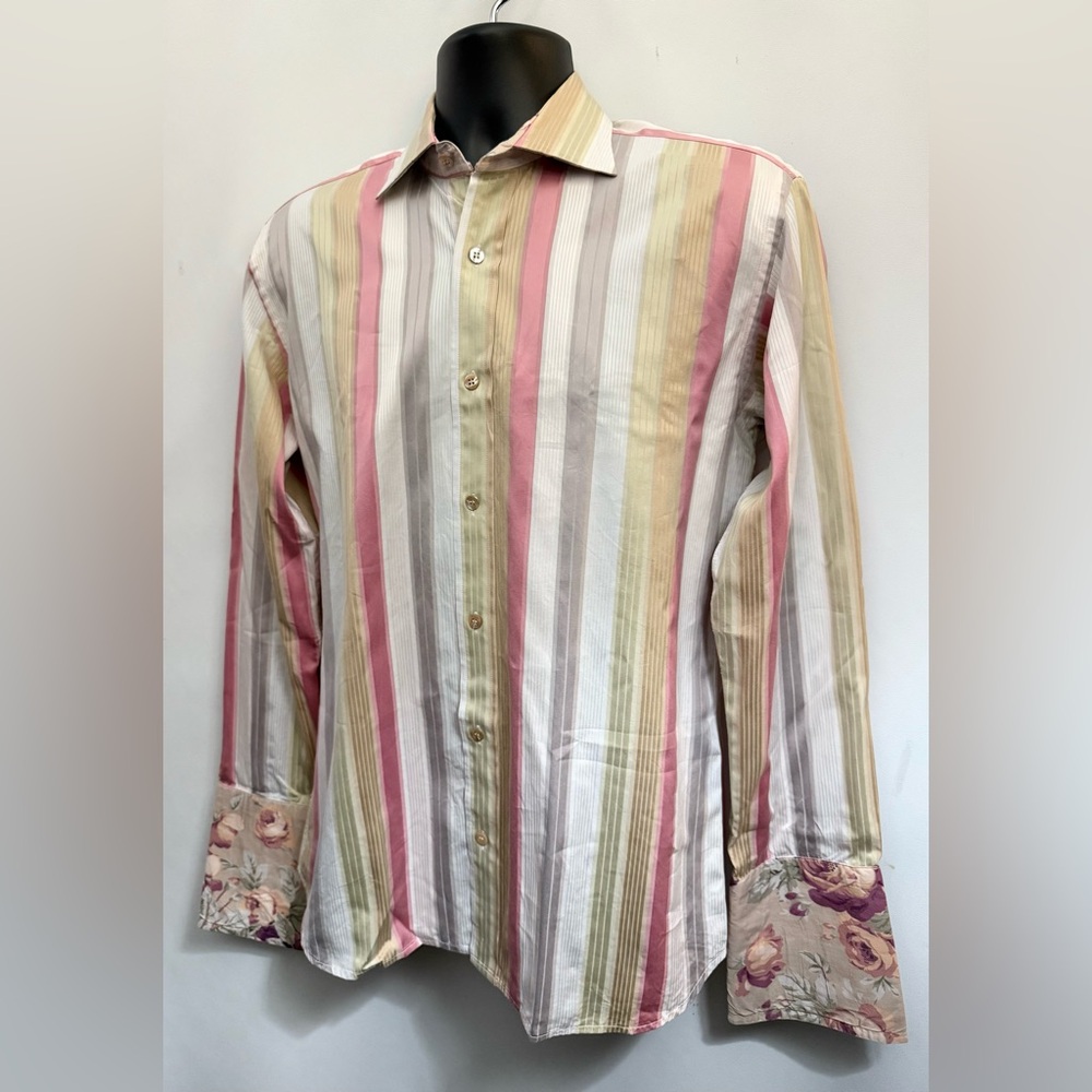 TED BAKER LONDON Mens 15.5/39 Flip Cuff Striped French Cuff Pearl Buttons Sheen - Picture 10 of 14